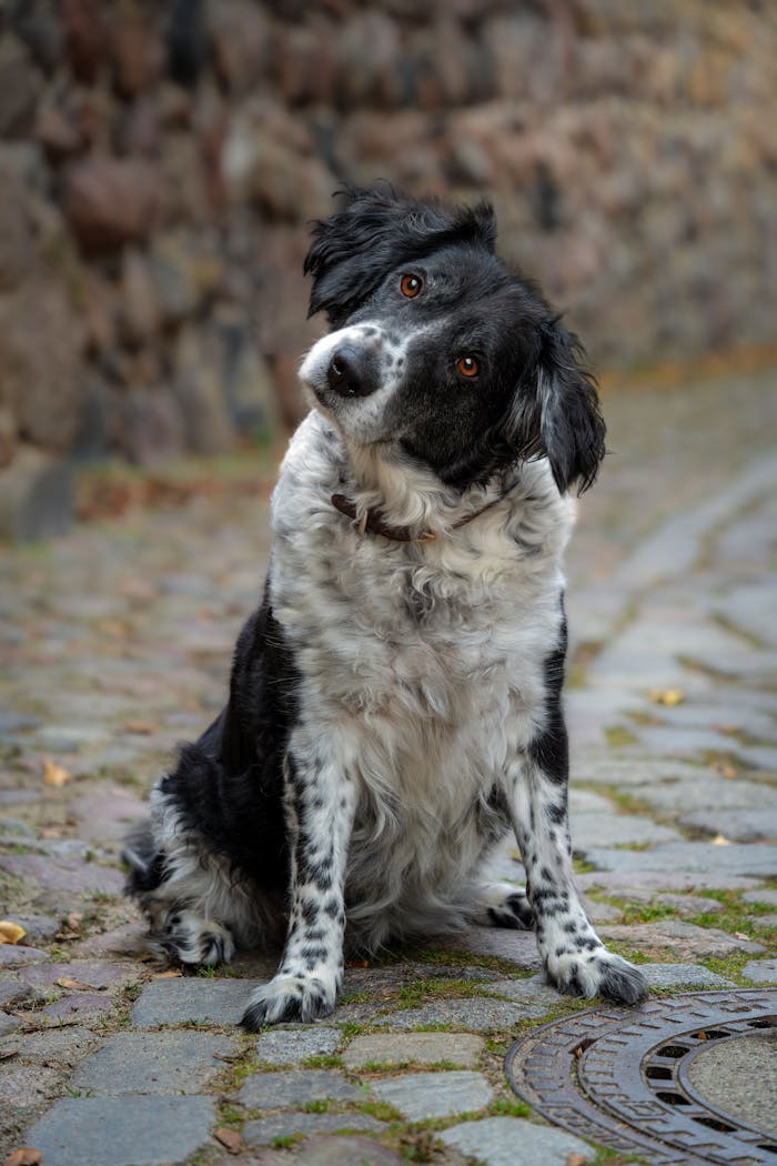 A friendly black and white dog sits on a cobblestone path looking curious and attentive.